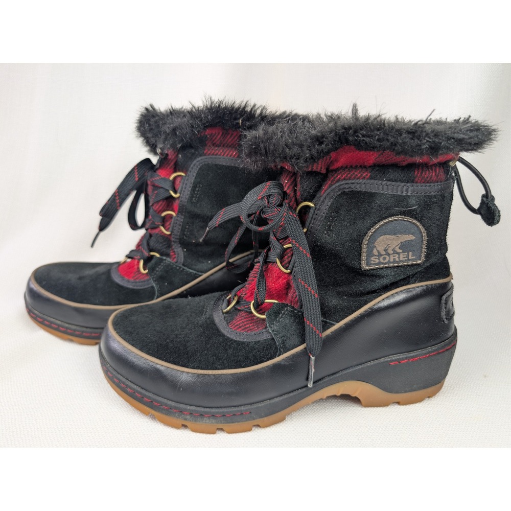 Sorel Tivoli III Waterproof Winter Boots 7.5 Black Red Buffalo Plaid Faux Fur‎